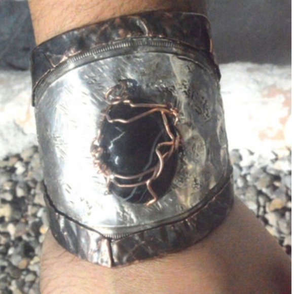 Conceptual Subculture Other - Gladiator Sterling Silver Onyx Cuff Bracelet Wide